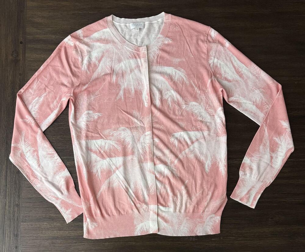Escada Sport Tropical Palm Print Cardigan Sweater Womens Medium Pink Lightweight